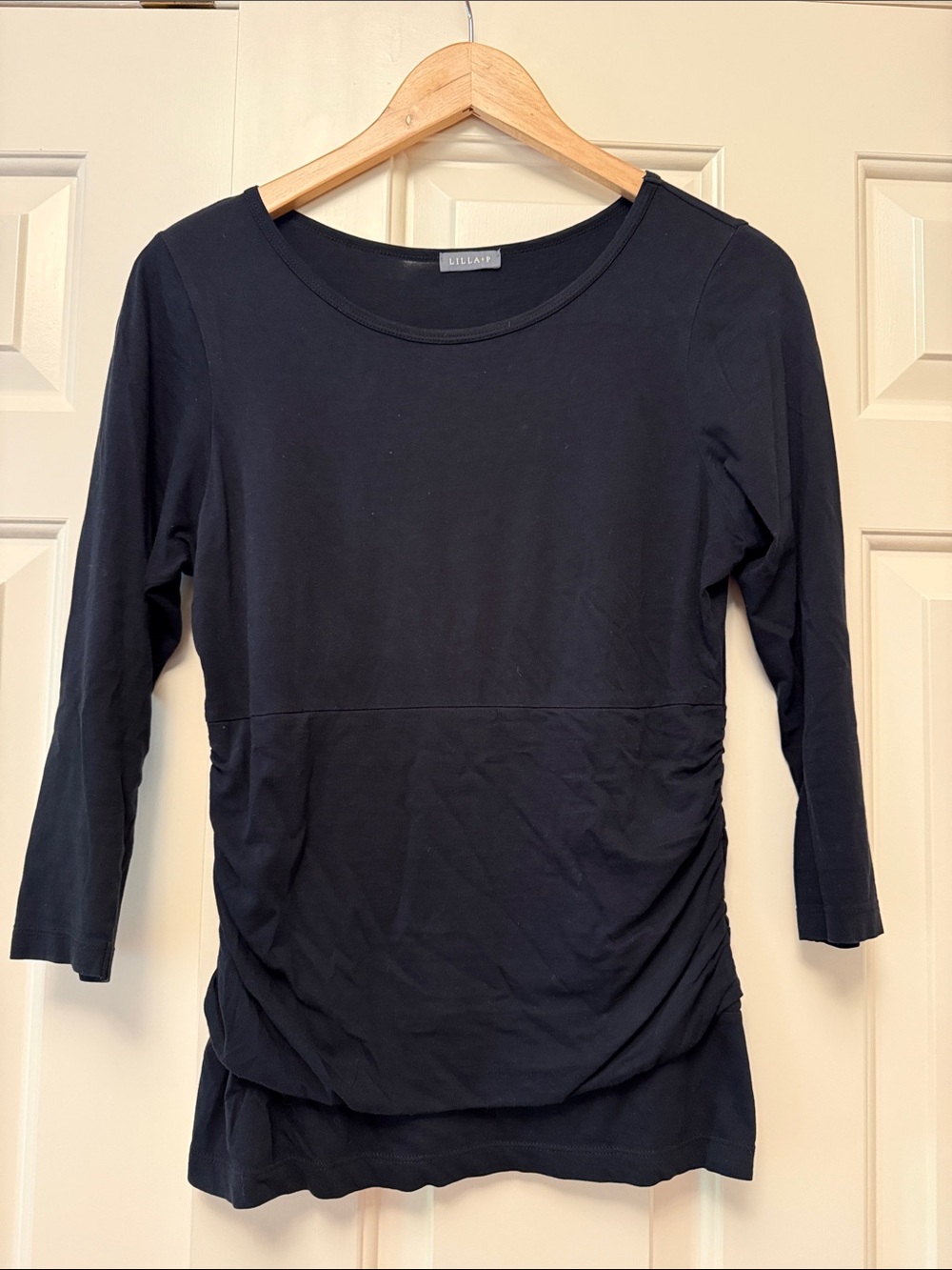 Lilla P Black 3/4-Sleeve Ruched-Side Women's Top